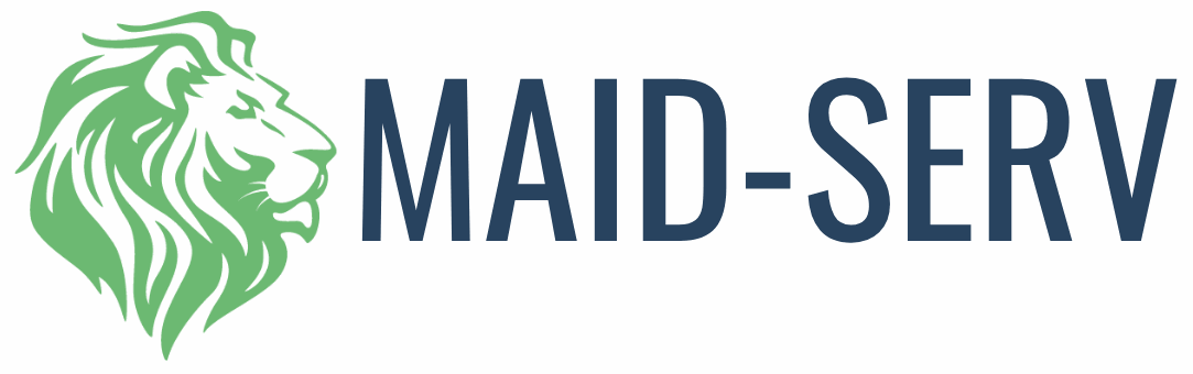 MaidServ Lion and text logo, home cleaning services