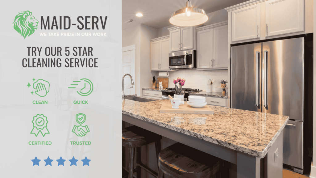 MaidServ Home Cleaning services. Showing trustworthy, quick, clean and certified staff, and a bright clean kitchen