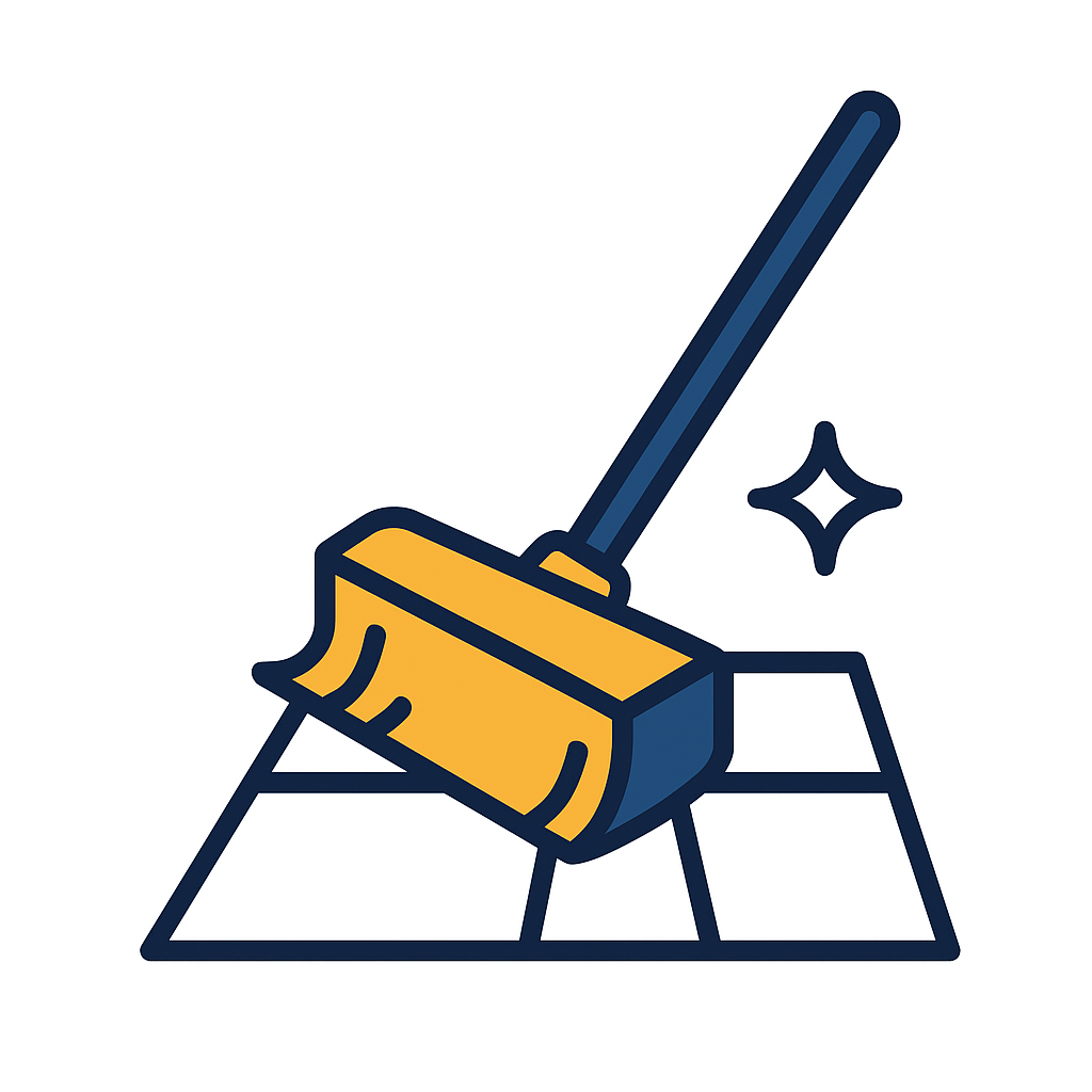 Flat vector icon of a mop on sparkling floor tiles, representing Maid-Serv’s professional floor care services for homes and businesses in Utah.