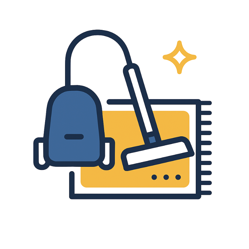 Flat vector icon of a vacuum cleaner on a carpet with a sparkle symbol, representing Maid-Serv’s professional residential carpet cleaning services in Utah.