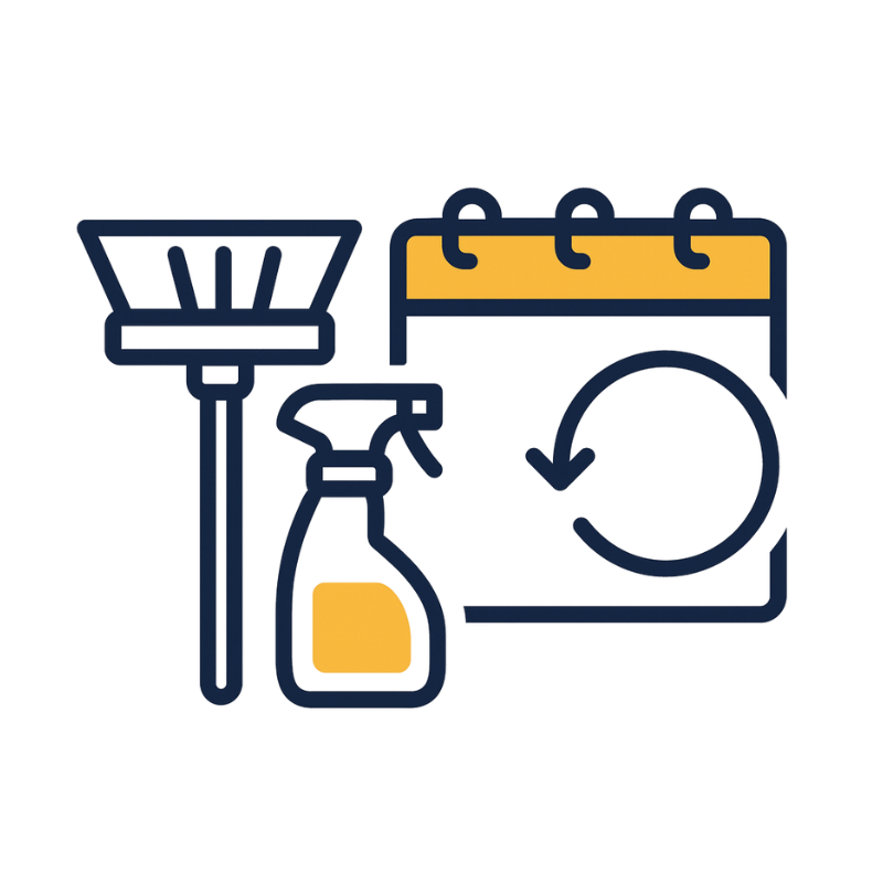 Flat vector icon showing a broom, spray bottle, and calendar with circular arrow representing recurring home cleaning services by Maid-Serv.